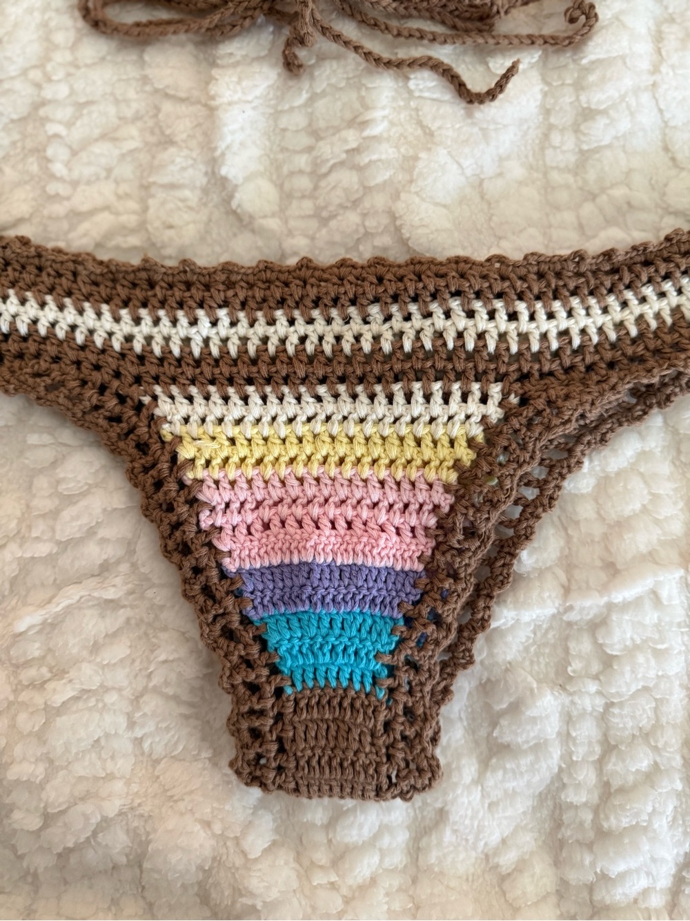 Brown Crochet Rainbow-Trim Bikini Set - Picture 5 of 7